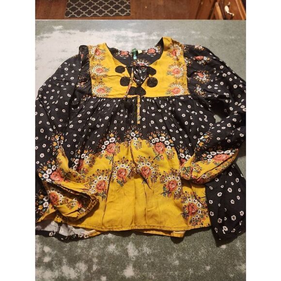 Farm Rio Intarsia Black&yellow Floral Pullover Bohemian Summer Blouse sz Small - Picture 1 of 5